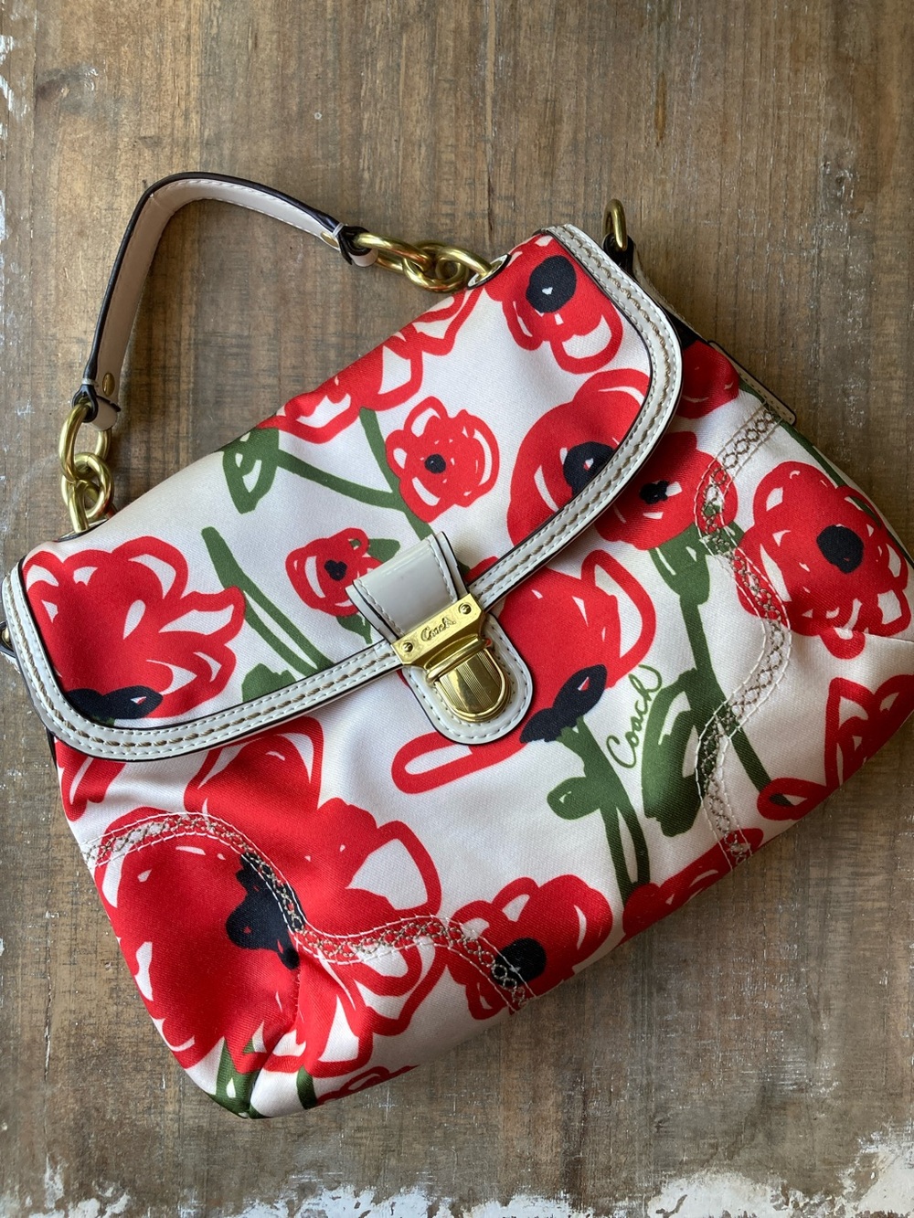 Coach Poppy Red and Cream Floral Shoulder Bag with Gold Hardware